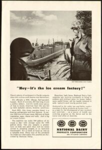 WWII-era National Dairy Products Corporation advertisement featuring the "Ice Cream Barge" supplying Allied soldiers with cold food, including ice cream