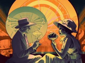 A man and woman in a hat and dress eating gelato, in the style of art deco futurism, tonalist, vivid street scenes, pop-inspired imagery, light yellow and orange, narrative-driven visual storytelling, absinthe culture