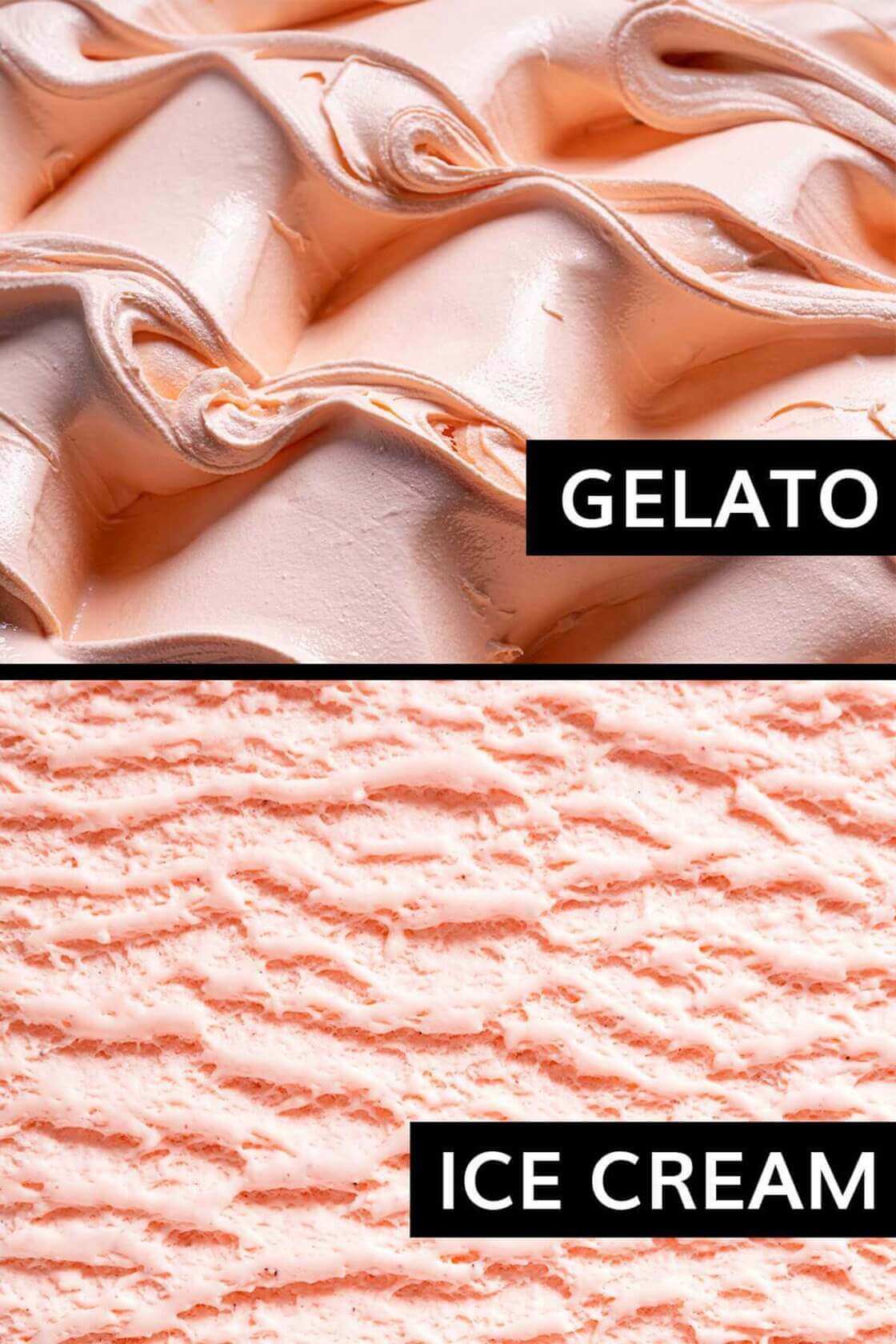 History of gelato: Split-screen picture showing the smooth, silky texture of gelato vs the rough, icier texture of ice cream.