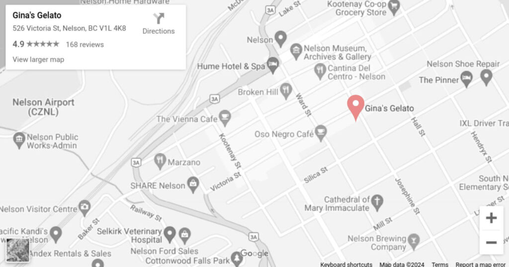 Google map of Nelson with Gina's Gelato address and location pinned on the map