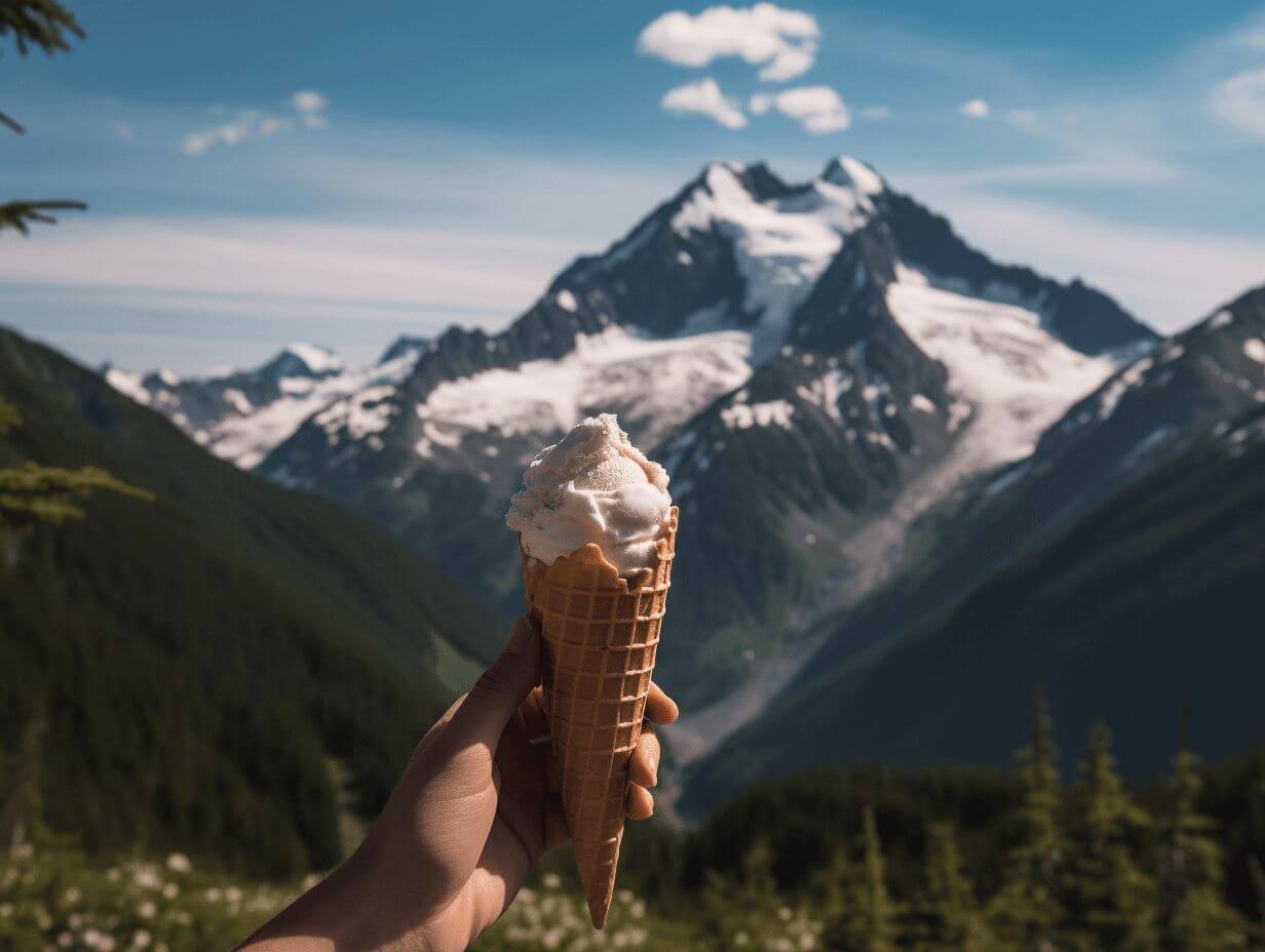 A hand holding an ice cream cone in front of a scenic, sunlit British Columbia mountain range.