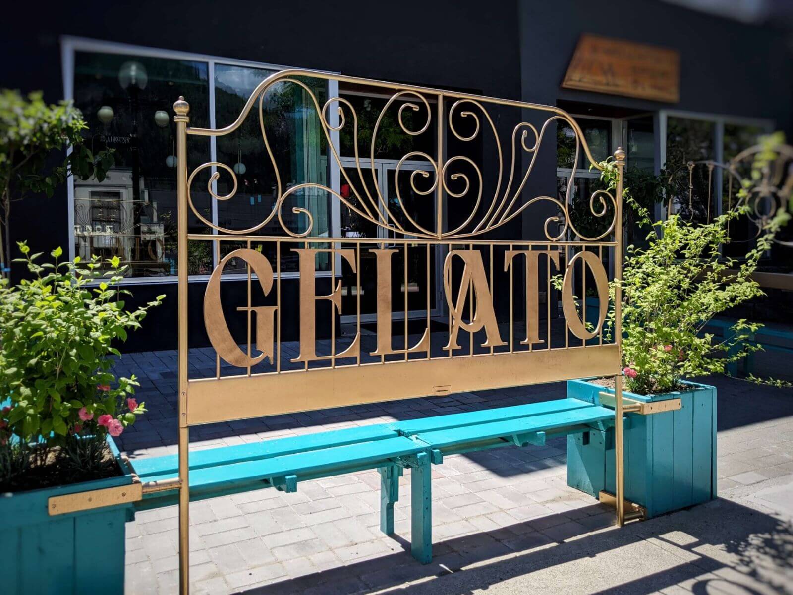 Gina's Gelato in Nelson, BC, a view from the front patio with art nouveau styling.