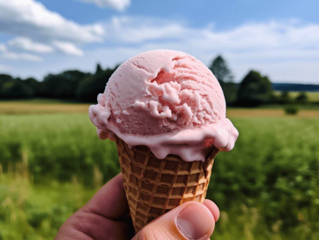 All natural ice cream BC cone with scoop of strawberry ice cream in a farm setting.
