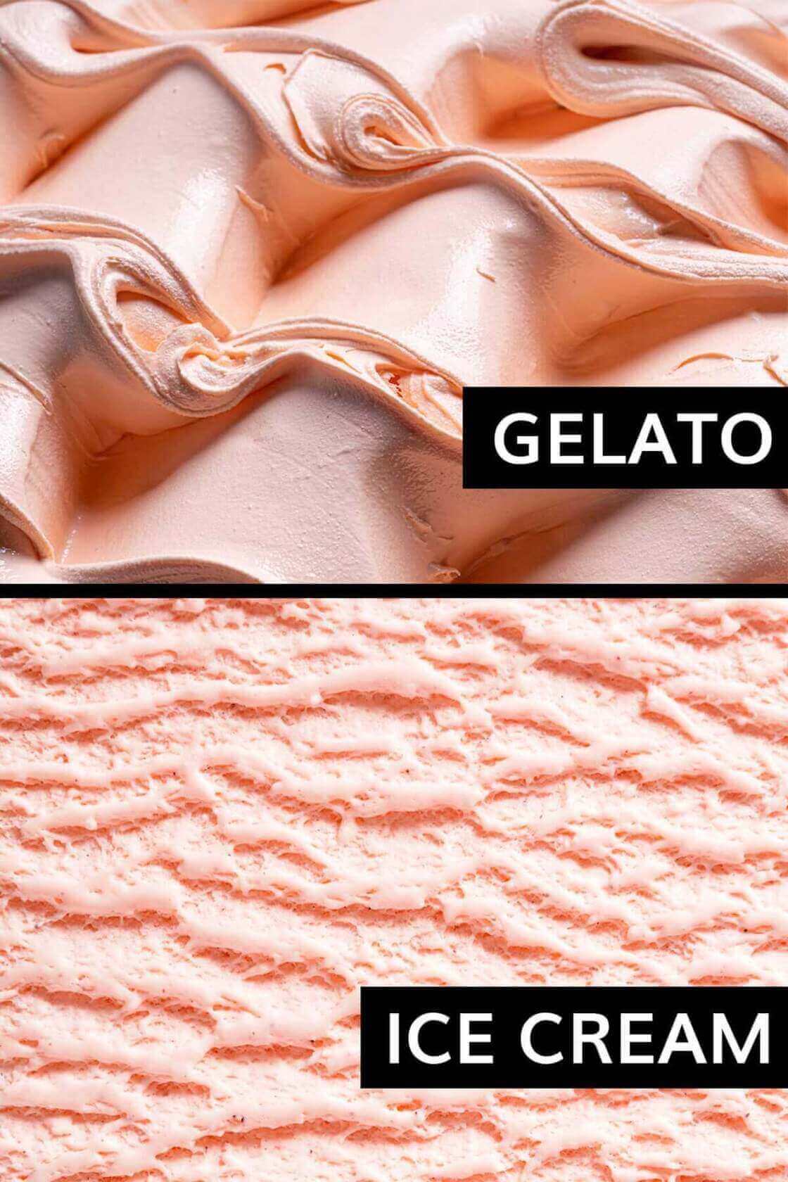 Side-by-side comparison of the smooth, dense texture of traditional gelato versus the icier texture of whipped ice cream.