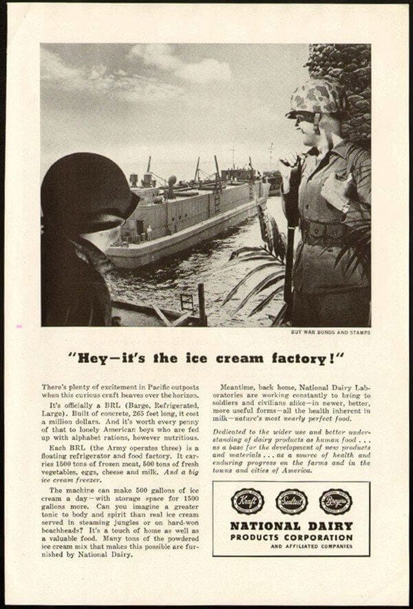 A World War II era advertisement for the National Dairy Products Corporation's 'Ice Cream Barge.'